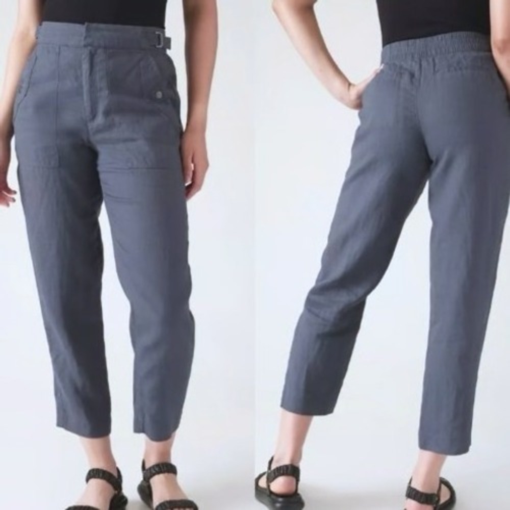 ATHLETA Women's 4 Blue Gray 100% Linen Utility Cargo Pants Pockets Elastic Waist